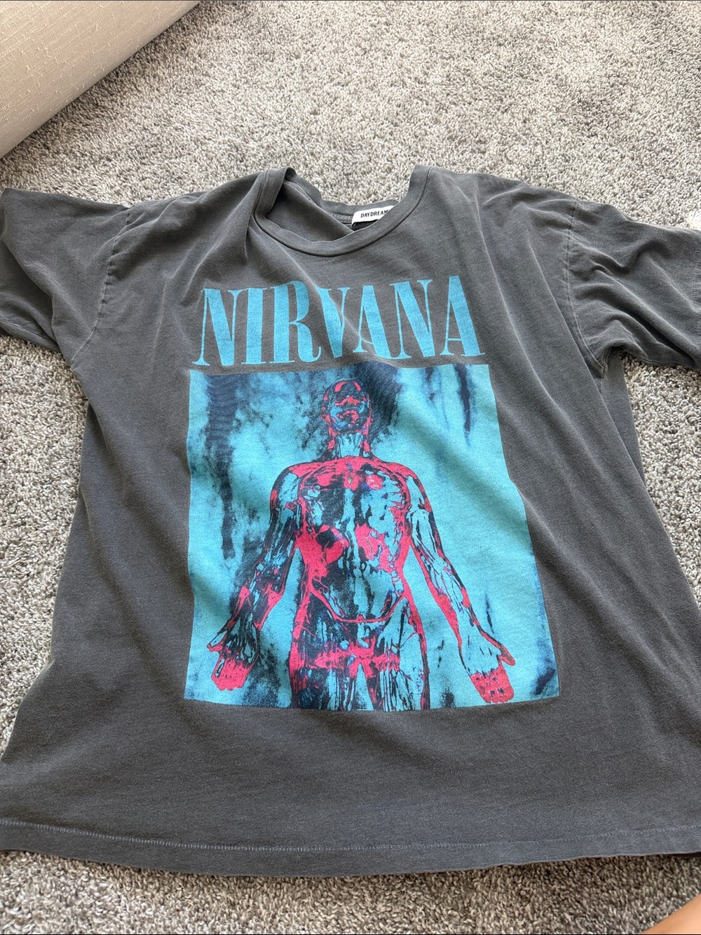Daydreamer Charcoal Nirvana Tee with Teal and Pink Graphic